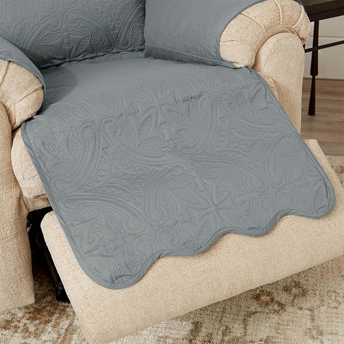 Great Bay Home Reversible Recliner Cover - Washable Slipcover Furniture Protector with Elastic Straps - Perfect for Kids & Pets - Quilted & Stitched Detail (Mirage Gray/Flax)
