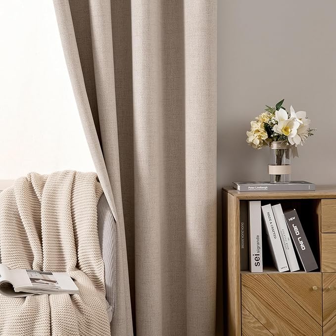 MIULEE 100% Blackout Linen Textured Curtains for Bedroom 104 Inches Extra Long Thermal Insulated Natural Beige Grommet Room Darkening Curtains & Drapes Luxury for Living Room Nursery (2 Panels)