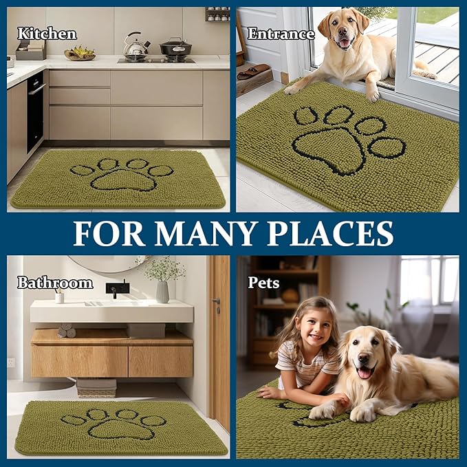 OLANLY Dog Door Mat for Muddy Paws 30x20, Paw Print Design, Absorbs Moisture and Dirt, Non-Slip Washable Doormat, Quick Dry Chenille Mud Mat for Dogs, Entry Indoor Entryway Carpet, Willow Green