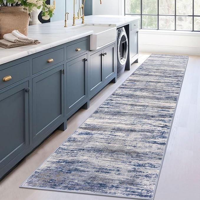 KOZYFLY Modern Abstract Washable Rug Runner 2.6x12 Hallway Rug Runner Non-Slip Soft Kitchen Runner Rugs, Grey-Blue Striped Carpet for Entryway Bathroom Laundry Room Foyer