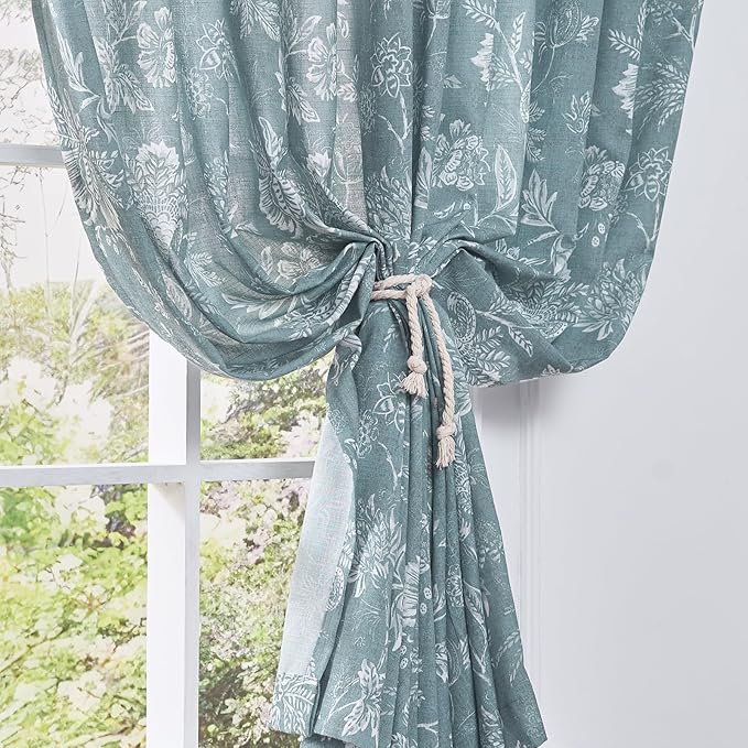 jinchan Linen Floral Curtains for Living Room, 63 Inch Length Curtains with Printed Flower Light Filtering Curtain, Rod Pocket Back Tab Blue Window Treatment Set Bedroom Curtain, 2 Panels Blue