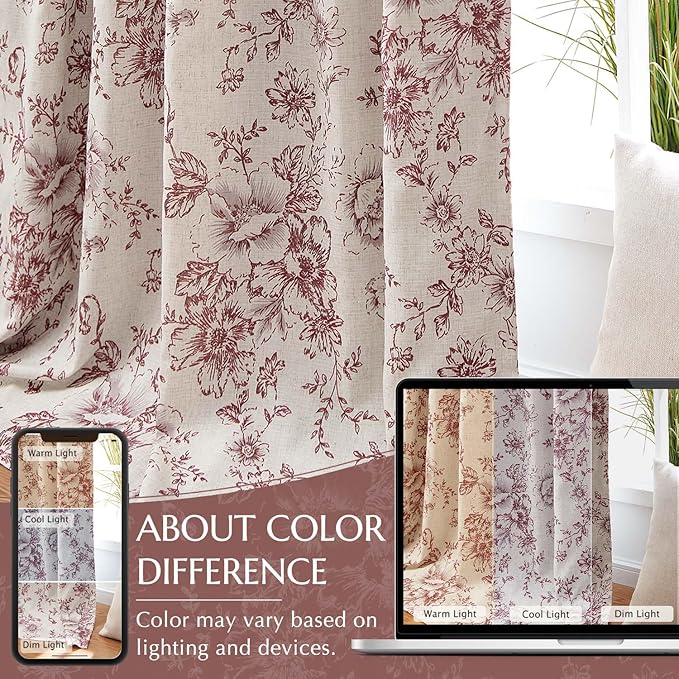 jinchan Blackout Floral Curtains for Living Room Bedroom Linen Blend Curtain Farmhouse Brick Red Printed with Lined Back Tab Rod Pocket Drapes Window Treatments 2 Panels 63 Inch