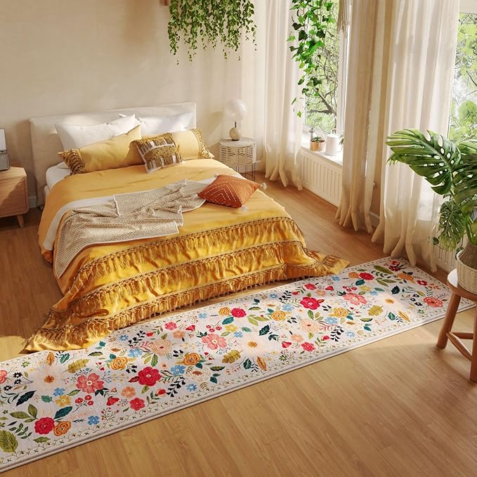 Rugcomf 2x5 Rug Runner - Floral Machine Washable Kitchen Rug, Non-Slip Low Pile Boho Carpet for Hallways, Laundry, Entryway, Bedroom, Bathroom - Beige