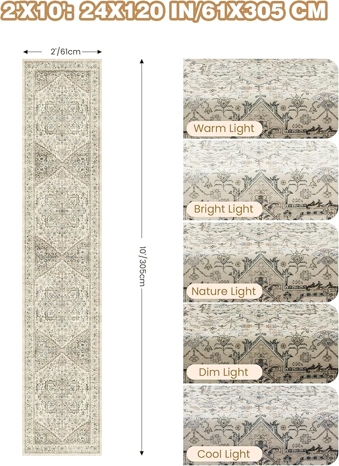 Runner Rug 2x10, Ultra-Thin Kitchen Rugs Non Slip Washable Rugs for Entryway Rug, Kitchen Runner Low Pile Vintage Soft Carpets for Living Room, Bathroom Bedroom (Brown/Beige,2'x10')