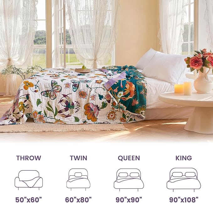 MSGKV Boho Throw Blanket 50"x60" Floral Blanket for Couch Sofa 100% Cotton Spring Breathable Lightweight Farmhouse Blankets All Seasons Home Decor Muslin