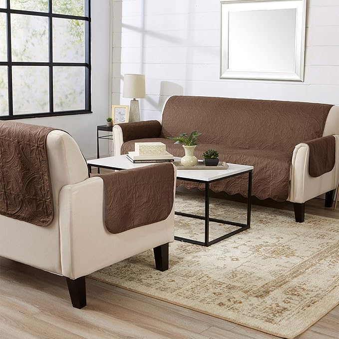 Great Bay Home Reversible Loveseat Cover - Washable Slipcover Furniture Protector with Elastic Straps - Perfect for Kids & Pets - Quilted & Stitched Detail (Chocolate/Taupe)