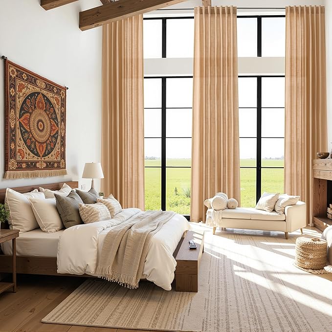 Nanspring Camel Linen Curtains for Living Room Extra Long 126 Inches Long Back Tab Light Filtering Semi Sheer Curtain Vintage Rustic Decor Floor to Ceiling High Window for Bedroom 52x126, 2 Panels