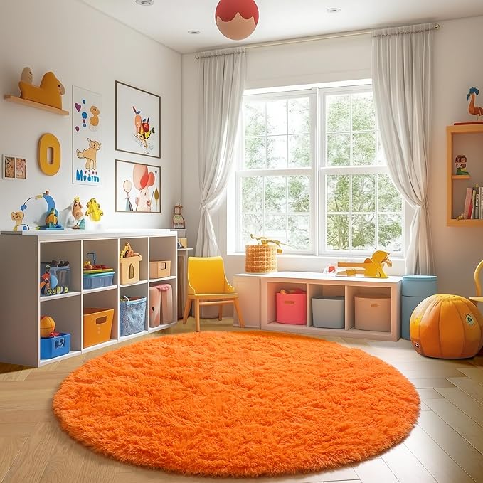 Amdrebio Orange Circle Round Rug 6Ft for Living Room Bedroom, Fluffy Furry Shag Area Rugs for Kids Room Decor Aesthetic, Cute Fuzzy Plush Shaggy Carpet for Baby Nursery Dorm Playroom, Teen Girls Boys