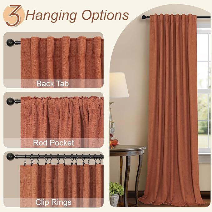 Terracotta Blackout Curtains 108 Inch Long 2 Panel Set Linen Textured Fall Rustic Country Rust Orange Black Out Curtain for Sliding Doors Back Tab Floor to Ceiling Drape for Living Room Bedroom Window