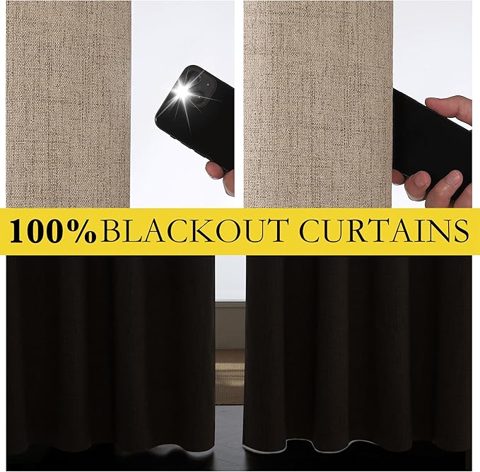 NICETOWN Burlap Vintage Open Linen Weave Flax Thermal Curtains, 100% Blackout Curtains 95" Long for Dining Room, Soundproof Window Treatment Drapes for Home Office, 62" Wide Per Panel, Set of 2