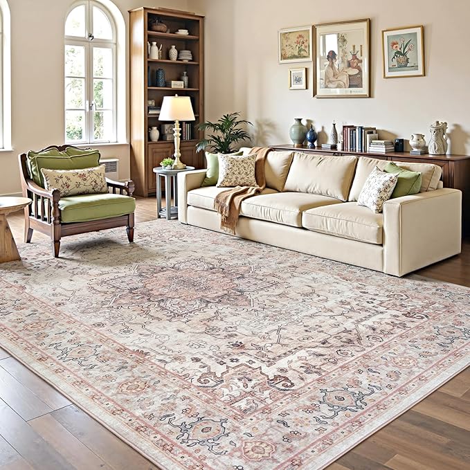 Lofus 6x9 Area Rugs for Living Room, Washable Area Rug, Rugs for Bedroom, Kitchen, Vintage Boho Carpet, Soft Non-Slip, Low Pile Large Area Rug for Office Dining Room, Pink