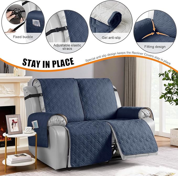 VANSOFY Waterproof Recliner Couch Covers, Sofa Covers 1-Piece Washable Reclining Sofa Cover Non-Slip Furniture Protector with Elastic Straps Pocket for Dogs, Pets(Navy Blue,2 Seater)
