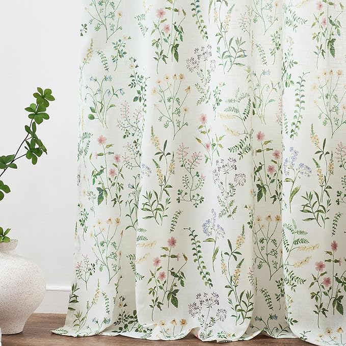 jinchan Floral Linen Blend Curtains for Living Room 63 Inch Length French Country Farmhouse Printed Curtains Sage Green on White Rod Pocket Back Tab Light Filtering Window Drapes 2 Panels