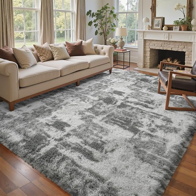 8x10 Ft Extra Large Shag Rugs for Living Room, Tie Dyed Ultra Soft Fluffy Furry Area Rugs for Bedroom Indoor Floor, Aesthetic Carpet for Kids Home Decor (Grey)