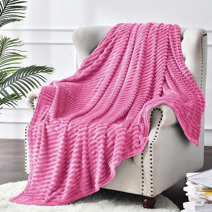 BEDELITE Fleece Blanket Twin Size – 3D Ribbed Jacquard Soft and Warm Decorative Fuzzy Blankets – Cozy, Fluffy, Plush Lightweight Throw Blankets for Couch, Bed, Sofa(Hot Pink, 60x80 inches)