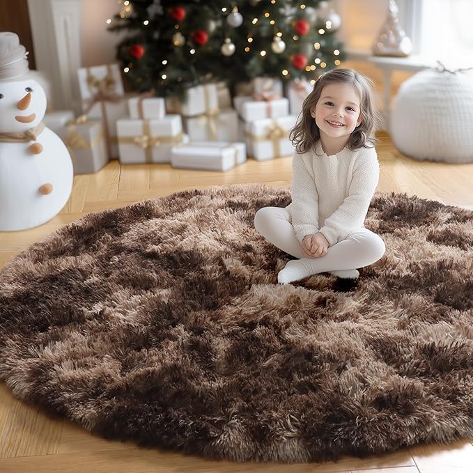 Amdrebio Tie-Dyed Brown Round Circle Rugs 5Ft for Bedroom, Fluffy Shag Plush Area Rugs for Kids Room, Living Room Decor Aesthetic, Fuzzy Fur Throw Floor Carpet for Playroom Preppy Dorm Baby Nursery