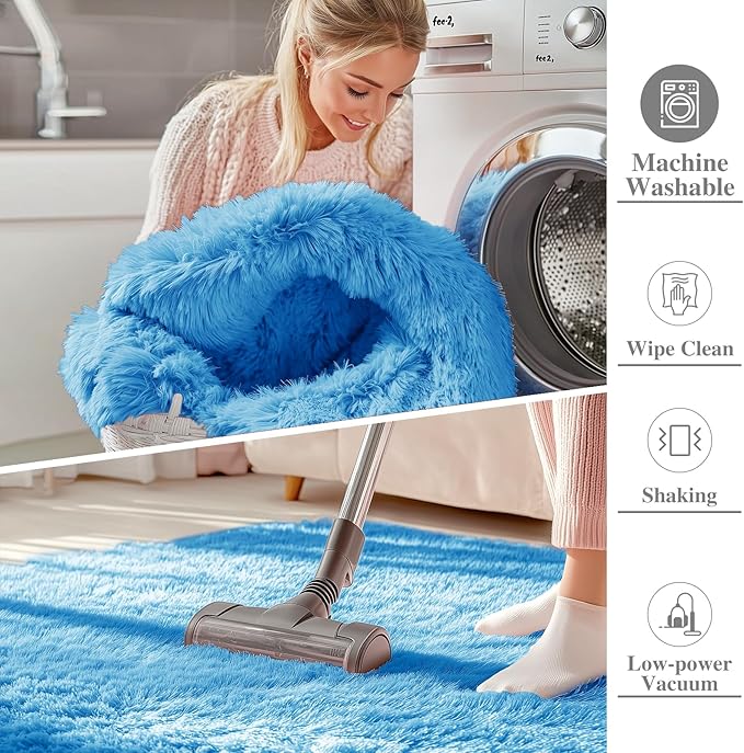 OLANLY 9x12 Machine Washable Large Area Rugs for Living Room, Bedroom, Soft Fluffy Shaggy Bedside Rug, Indoor Floor Carpet for Kids Girls and Boys, Dorms, Nursery, Home Decor Aesthetic, Bright Blue