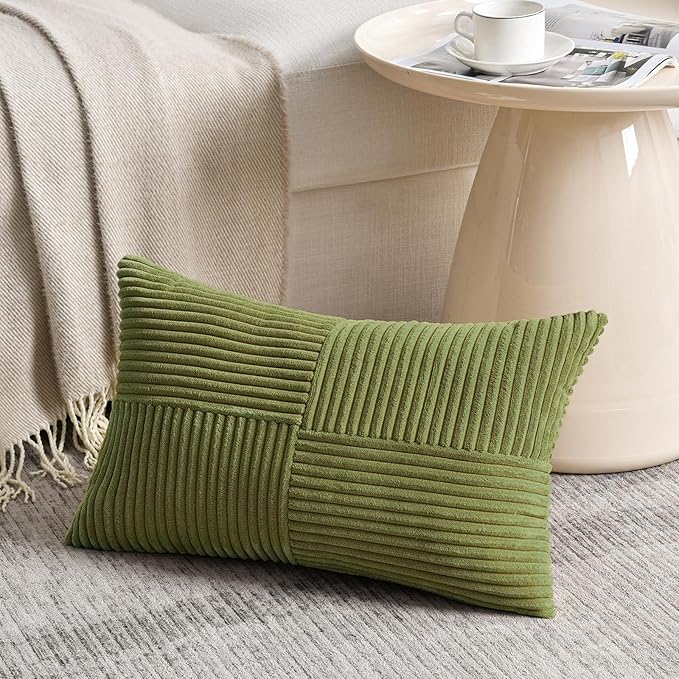 Fancy Homi 2 Packs Moss Green Lumbar Decorative Throw Pillow Covers 16x26 Inch for Living Room Couch Bed, Farmhouse Boho Home Decor, Soft Striped Corduroy Rectangle Accent Cushion Case 65x40 cm