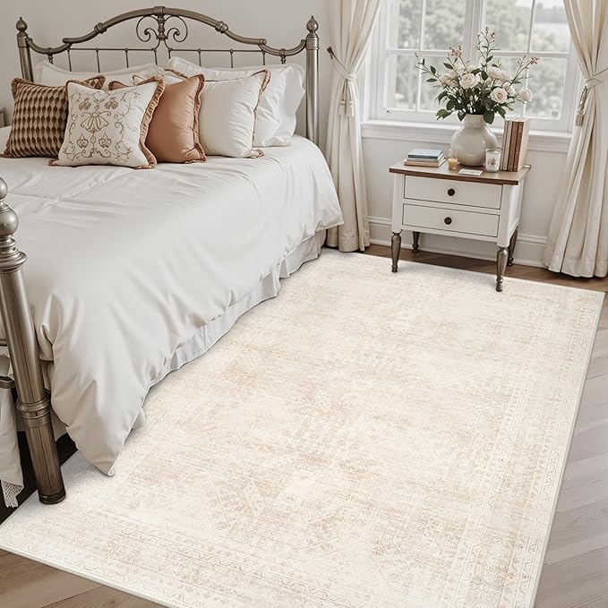 5x7 Area Rugs for Living Room: Vintage Boho Neutral Washable Rug Indoor Soft Large Area Rug Carpet for Bedroom Nursery Farmhouse Dining Room Office Floor Non-Slip Low Pile Under Table Rug Beige