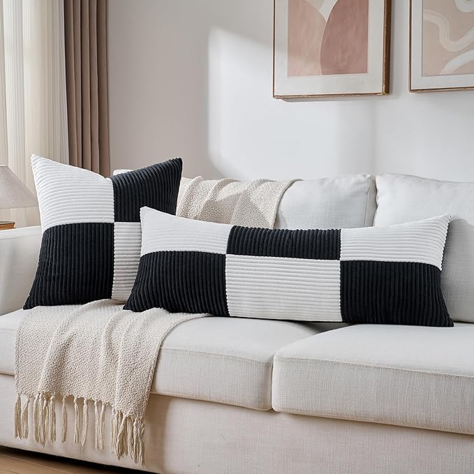 Fancy Homi Set of 2 Black White Decorative Throw Pillow Covers 22x22 Inch for Living Room Couch Bed Sofa, Farmhouse Boho Home Decor, Soft Cross Corduroy Patchwork Accent Square Cushion Case 55x55 cm