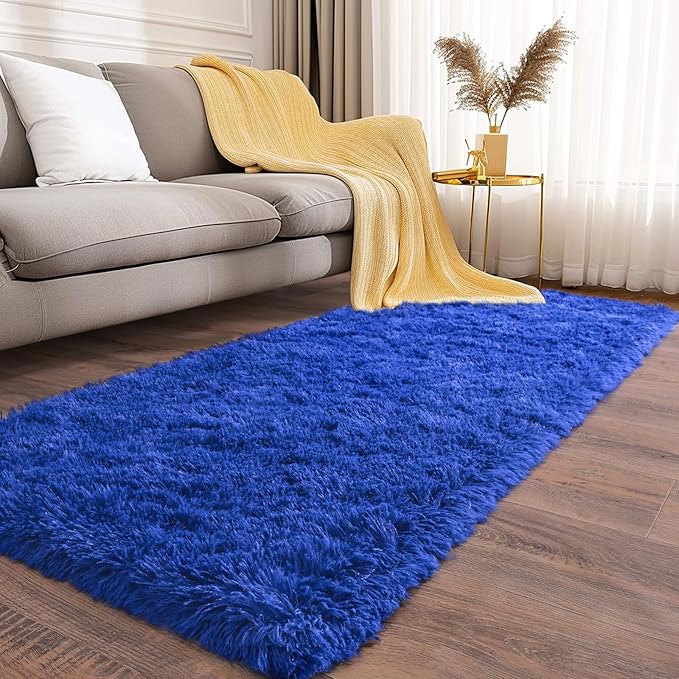 Soft Runner Rugs for Bedroom Hallways, 2 Packs 2x6 Royal Blue Fluffy Shag Throw Area Rug Non Slip for Bedside Dorm, Long Shaggy Furry Carpet for Nursery Living Room