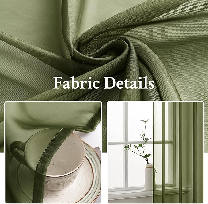 MIULEE 2 Panels Solid Color Sheer Window Curtains Elegant Window Voile Panels/Drapes/Treatment for Bedroom Living Room (54X108 Inches Olive Green)