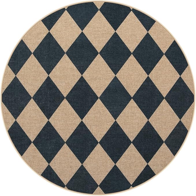 Lahome Colette Checkered Round Rug 3ft, Circle Indoor Outdoor Entryway Patio Rug Washable Easy Jute Rug, Farmhouse Non Slip Small Round Rugs for Bedroom Porch Living Room Decor