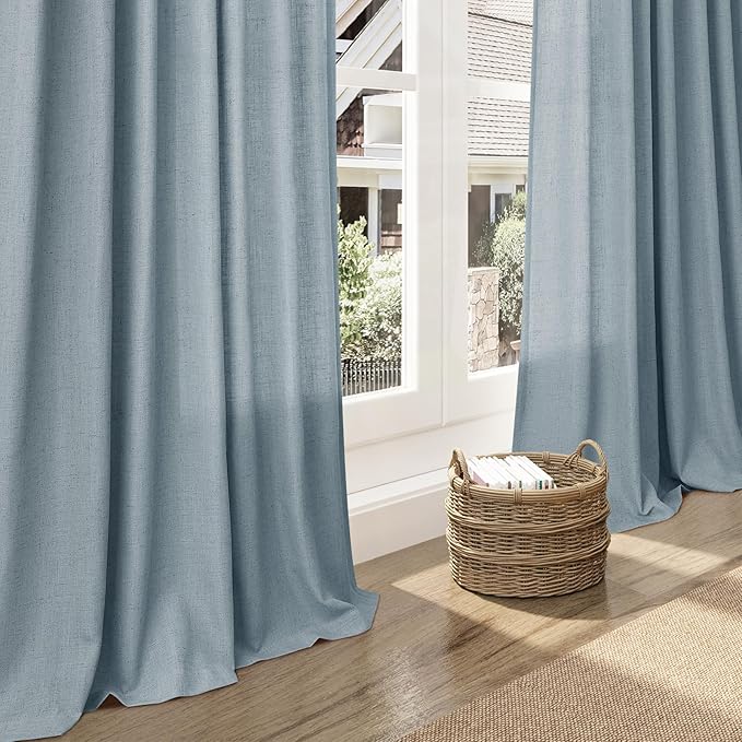 Light Blue Linen Curtains 90 Inch Long 2 Panels Set for Bedroom Living Room Soft Linen Textured Window Drapes Semi Sheer Light Filtering Rod Pocket Back Tab Cotton Textured Farmhouse Curtain 52x90