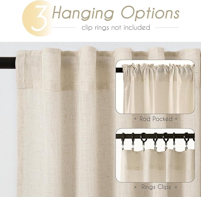 Apricot Linen Curtain 90 inch Length 2 Panels Set Back Tab Light Filtering Living Room Curtain Drapes Home Office Modern Minimalist Decor Farmhouse Boho Neutral Cream Semi Sheer Curtain 90 inch Long