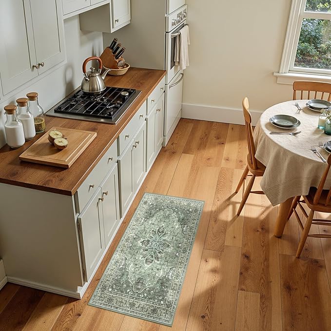 Area Rugs 2'x4' Kitchen Rugs Entry Rug Small Rugs for Entryway Kitchen Bathroom Door Mat Indoor Entrance,Washable Non Slip, Dark Green Gray