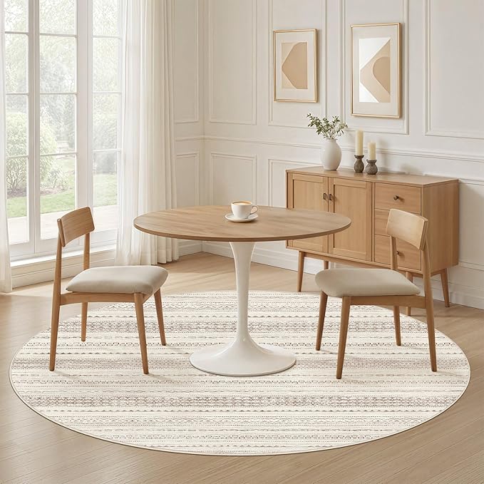 Nakagishi Round Rug Boho Area Rugs: 5x5 Washable Large Circle Neutral Soft Stain Resistant Non-Slip Carpet for Women Aged 25-45 Farmhouse Decor Enthusiasts - Living Room Bedroom Dining Room Nursery