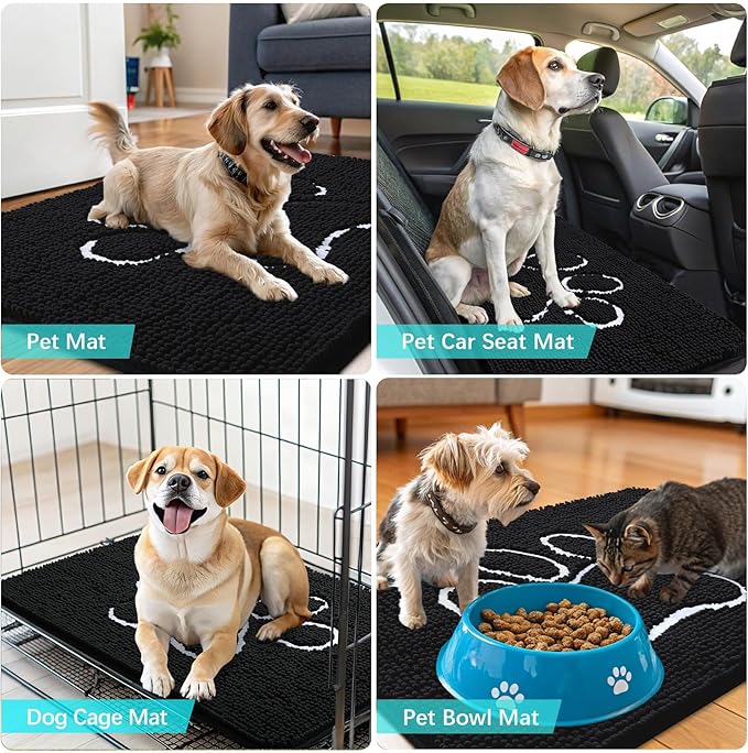 OLANLY Dog Door Mat for Muddy Paws 47x24, Paw Print Design, Absorbs Moisture and Dirt, Absorbent Non-Slip Washable Doormat, Quick Dry Chenille Mud Mat for Dogs, Entry Indoor Entryway Carpet, Black