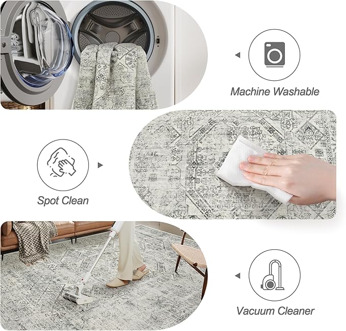 Soalmost 6x9 Area Rug for Living Room Floral Washable Non-Slip Gray Rugs for Bedroom Dinning Room Ultra-Thin Indoor Grey Rug