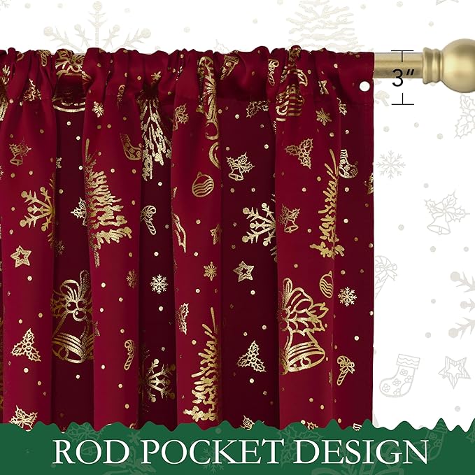 NICETOWN 2 Panels Christmas Red Curtains 42 x 84 Inch, Gold Stamped Rod Pocket Curtain Drapes for Holiday Season, Xmas Home Decor, Festive Window Treatments for Bedroom, Seasonal Curtain Set