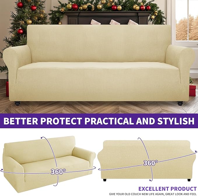 ZNSAYOTX Stretch Oversized Couch Cover Universal Sofa Covers for Living Room Dogs Pet Furniture Protector Spandex Extra Large Sofa Slipcovers with Anti Slip Foam Sticks (Beige, XL Sofa)