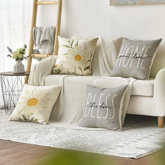AVOIN colorlife Home Sweet Home Spring Summer Flowers Throw Pillow Covers, 16 x 16 Inch Grey Cushion Case for Sofa Couch Set of 4