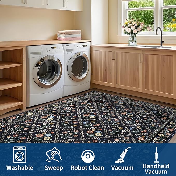 GarveeHome 8x10 Washable Large Living Room Rug Water Resistant Distressed Vintage Floral Rug Non Slip Low Pile Soft for Bedroom Farmhouse Dining Room Kids Playroom Nursery Navy&Black