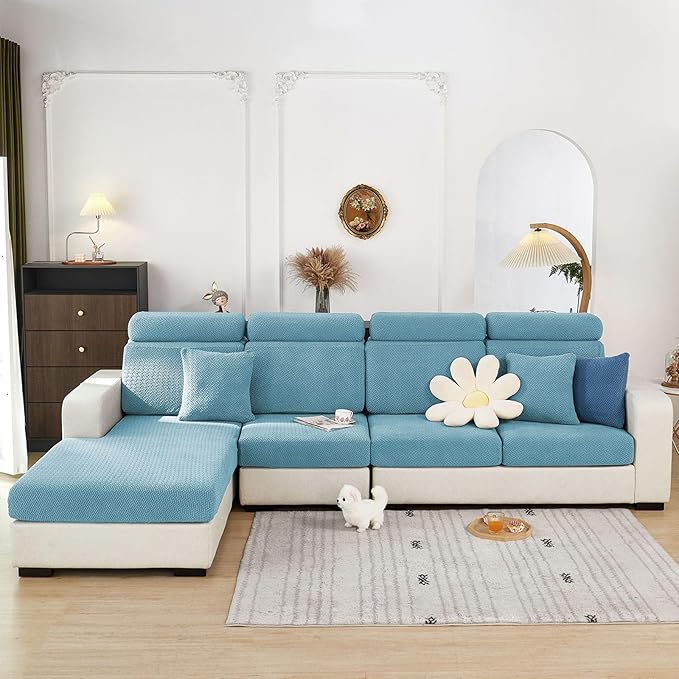 Couch Covers for 3 Cushion Sofa Pet Friendly Couch Cushion Covers Universal Sofa Covers Washable Stretch Slipcovers for Sectional Sofa (Texture Sea Blue,Large Triple Seat Cover)