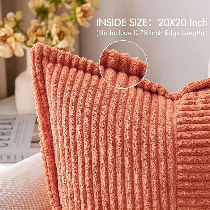 MIULEE Decorative Throw Pillow Covers for Couch Bed Livingroom 20x20 Inch Set of 2 Coral Red Boho Accent Throw Pllows Broadside Striped Patchwork Soft Corduroy Summer Pillowcases