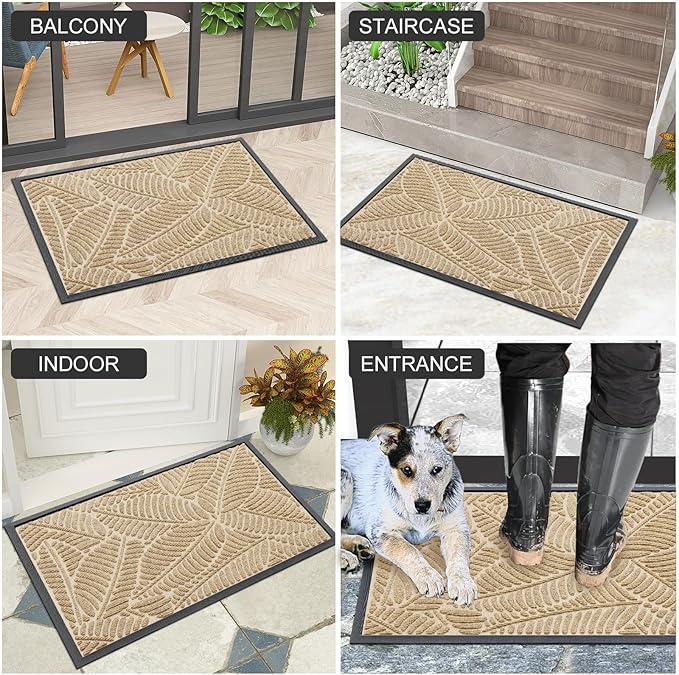 Colorxy Waterproof Doormat, Sturdy Natural Rubber Front Indoor Mat, Non Slip Low Profile Indoor Outdoor Door Mats, Stain and Fade Resistant Floor Mat, Easy Clean Patio Entrance Mat, 59''x23'', Beige