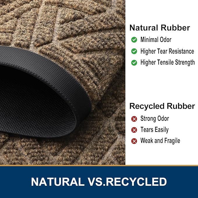 Smiry Front Door Mat Outside Entrance, Heavy Duty Sturdy Natural Rubber Doormat, Trap Dirt and Moisture, Easy Clean Low Profile Mats for Indoor Outdoor Entry, Grid Geometric (47x23, Brown)