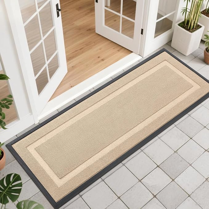 OLANLY Front Door Mat Indoor Outdoor Entrance, Waterproof All-Season, All-Weather Doormat, Sturdy Natural Rubber, Low Profile, Easy Clean Patio Porch Entryway Mat, 47x17, Off-White