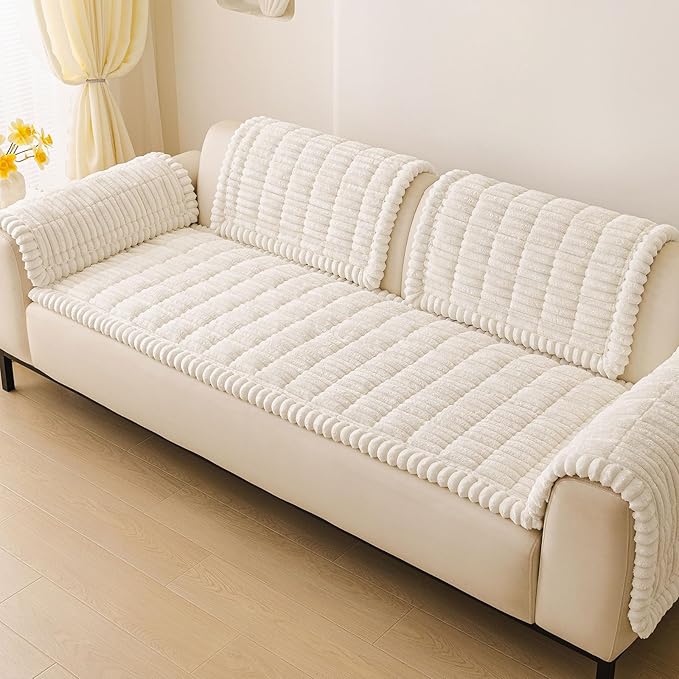 hyha Couch Covers for Dogs Washable, Non Slip Plush Dog Sofa Protectors, Fuzzy Pet Couch Covers for 3 Cushion Sofa Pet Friendly (White, 27.6" x 82.7")