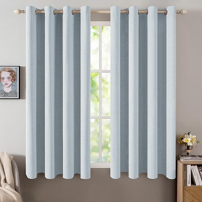 MIULEE Linen Textured Curtains for Bedroom Solid 100% Blackout Thermal Insulated Chambray Blue Grommet Room Darkening Curtains & Drapes Luxury Decor for Living Room Nursery 52 x 54 Inch (2 Panels)