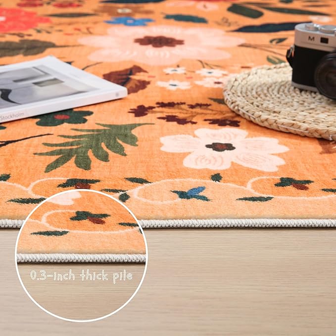 Rugcomf Round Rug 6ft Washable Circle Rug Non Slip Low Pile Boho Floral Small Circular Rug for Bedroom, Bathroom, Entryway, Kids Room, Office, College Dorm(Yellow)