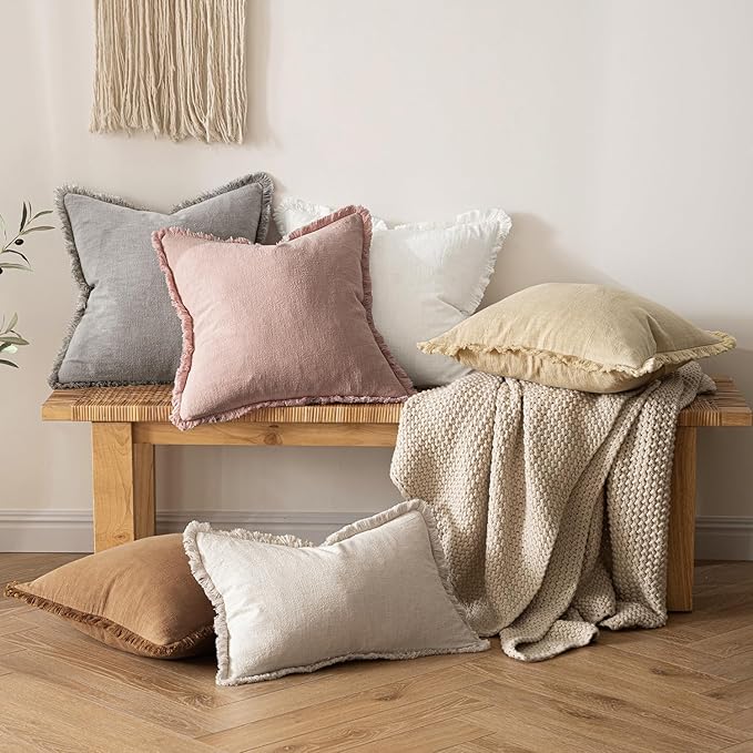 MIULEE Decorative Throw Pillow Covers Neutral Linen Fringe Throw Pillows Euro Shams Set of 2 White Boho Farmhouse Cushion Covers for Couch Sofa Bed Living Room Spring Home Decor 26x26 Inch