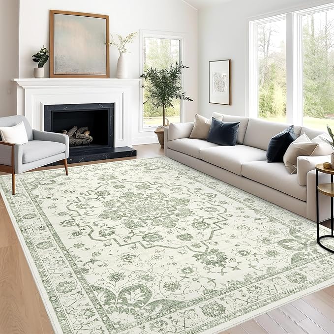 Madane 5x7 Area Rugs for Living Room, Vintage Stain Resistant Area Rug, Floral Print Rug Non-Slip Thin Washable Rugs for Bedroom Dining Room, Green/Ivory