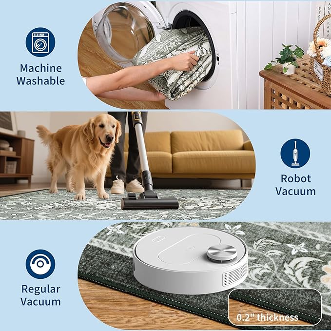 GarveeHome Provence 10x13 Area Rug for Living Room, Botanical Grove Soft Cottagecore Washable Rug for Bedroom Dining Nursery Low-Pile Vintage Large Carpet Gray Fog Green