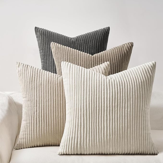 Topfinel 4 Packs Natural Decorative Throw Pillows Covers 20x20 Inch for Living Room Couch Bed Sofa, Rustic Farmhouse Boho Neutral Home Decor, Soft Plush Striped Corduroy Square Cushion Case 50x50 cm