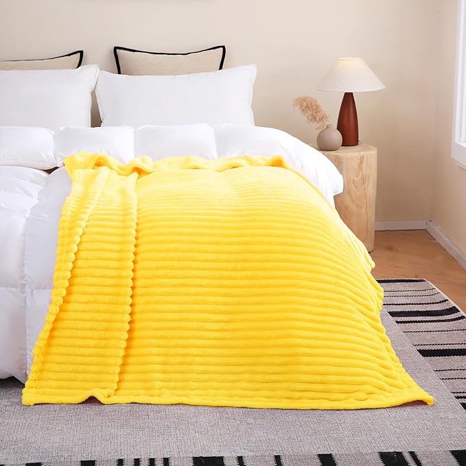 Bright Yellow Fleece Throw Blanket 50”×60” for Couch Sofa Bed,Super Soft Cozy Plush Microfiber Flannel Blanket with Stripes Design Lightweight for Adults,Woman,Girls
